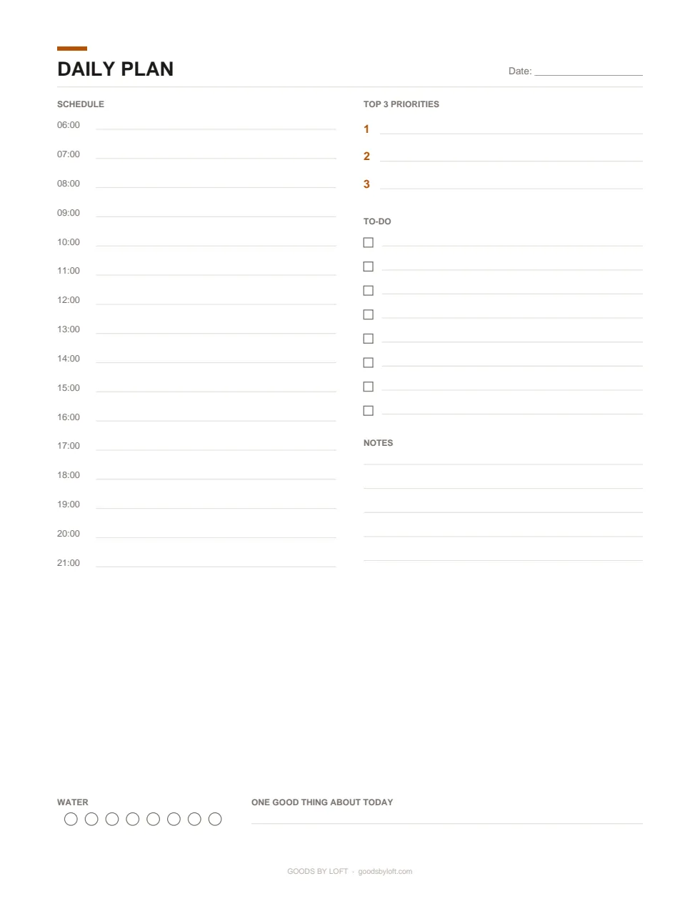 A daily page with a spine: time blocks plus top three