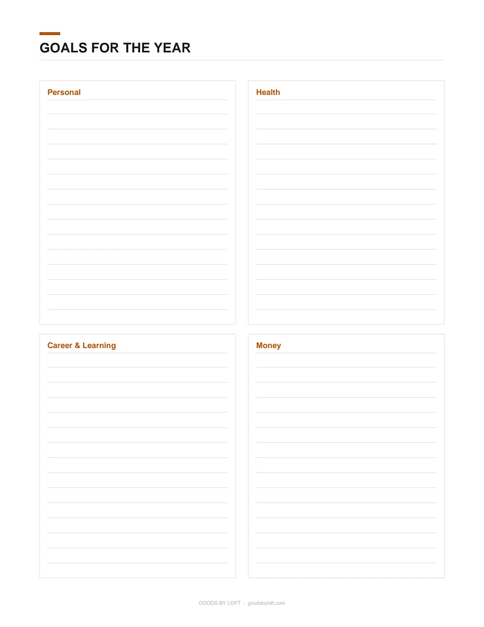 Goal worksheets that split the year into quarters