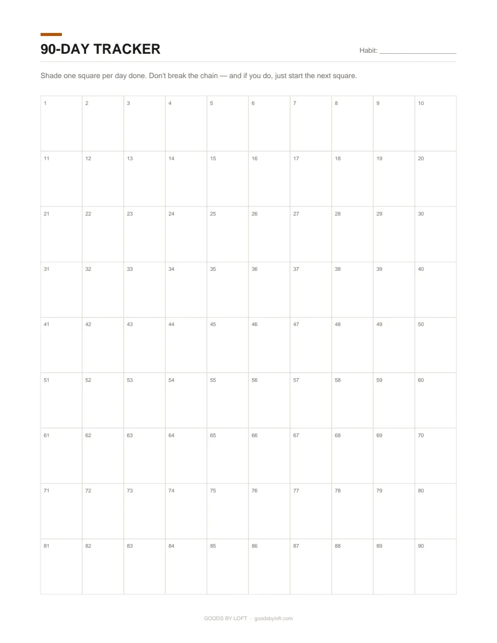 90 numbered squares for the habit that matters most